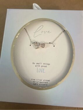 Silver Plated Double Heart Necklace CZ Charm 16”+2” Gift Box Love Pendant